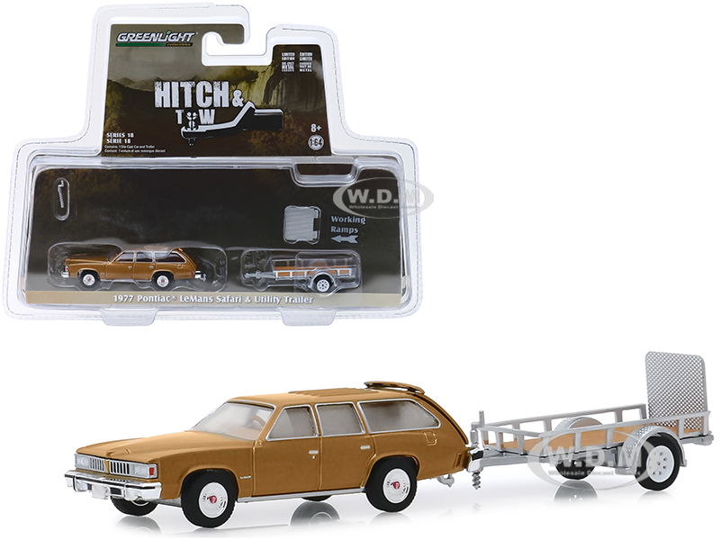 1977 Pontiac Lemans Safari Gold And Utility Trailer "hitch & Tow" Series 18 1/64 Diecast Model Car By Greenlight
