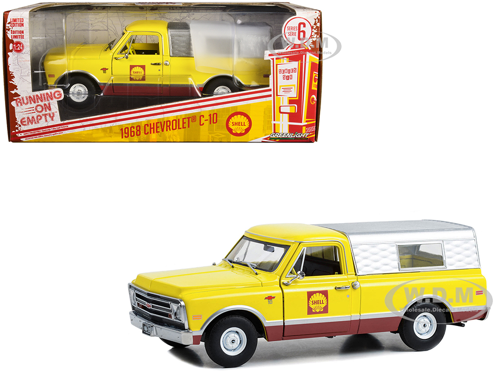 1968 Chevrolet C-10 Pickup Truck Yellow and Red with Camper Shell Shell Oil Running on Empty Series 6 1/24 Diecast Model Car by Greenlight