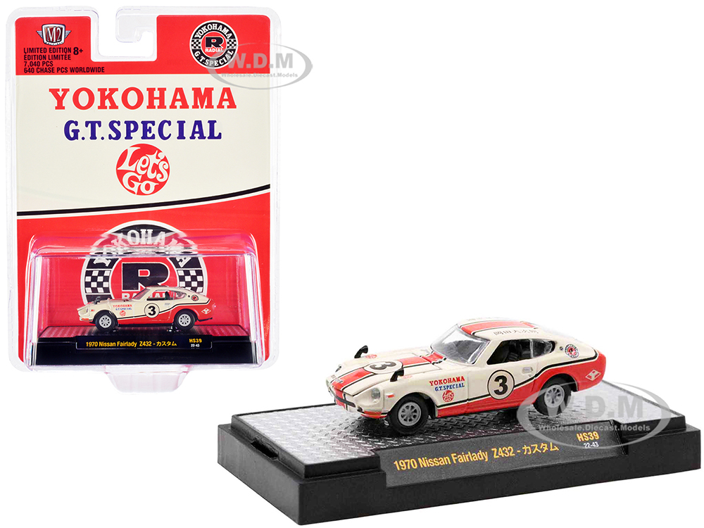 1970 Nissan Fairlady Z432 RHD (Right Hand Drive) 3 White with Red Stripes "Yokohama G.T. Special" Limited Edition to 7040 pieces Worldwide 1/64 Dieca