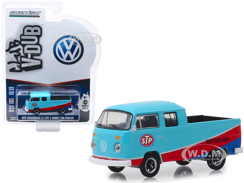 1976 Volkswagen T2 Type 2 Double Cab Pickup Truck "stp" Blue And Red "club Vee V-dub" Series 9 1/64 Diecast Model Car By Greenlight