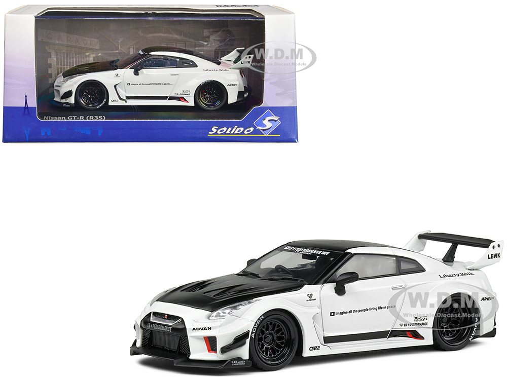 2020 Nissan GTR (R35) LBWK (LibertyWalk Body Kit) RHD (Right Hand Drive) White with Black Hood and Top 1/43 Diecast Model Car by Solido