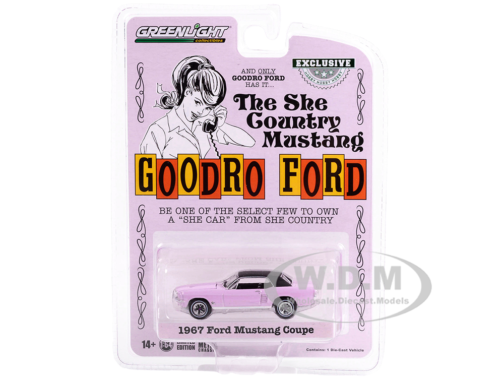 1967 Ford Mustang Evening Orchid Pink with Black Top She Country Special Bill Goodro Ford Denver Colorado Hobby Exclusive Series 1/64 Diecast Model Car by Greenlight