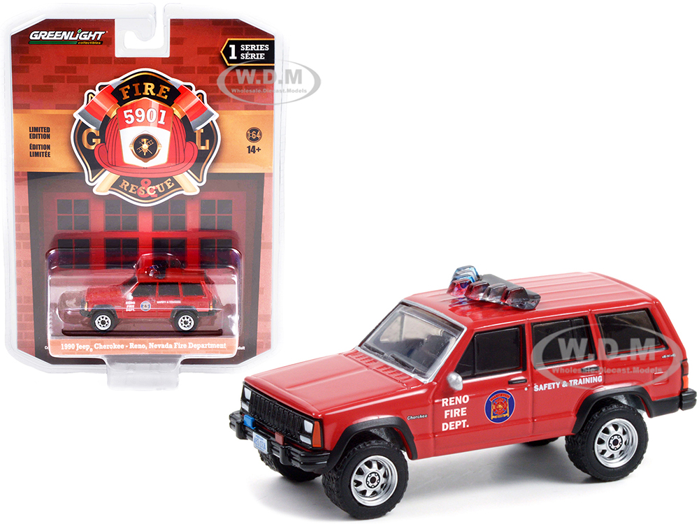 1990 Jeep Cherokee Red Reno Fire Department (Nevada) Fire & Rescue Series 1 1/64 Diecast Model Car by Greenlight