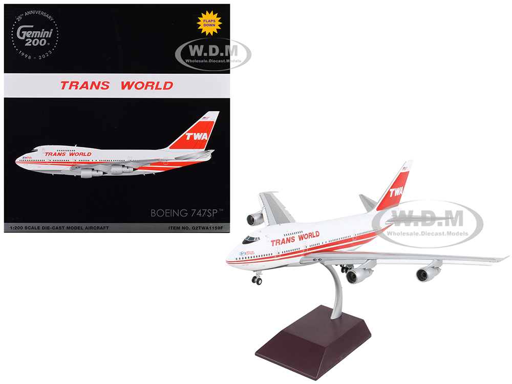Boeing 747SP Commercial Aircraft with Flaps Down TWA (Trans World Airlines) White with Red Stripes and Tail Gemini 200 Series 1/200 Diecast Model Airplane by GeminiJets