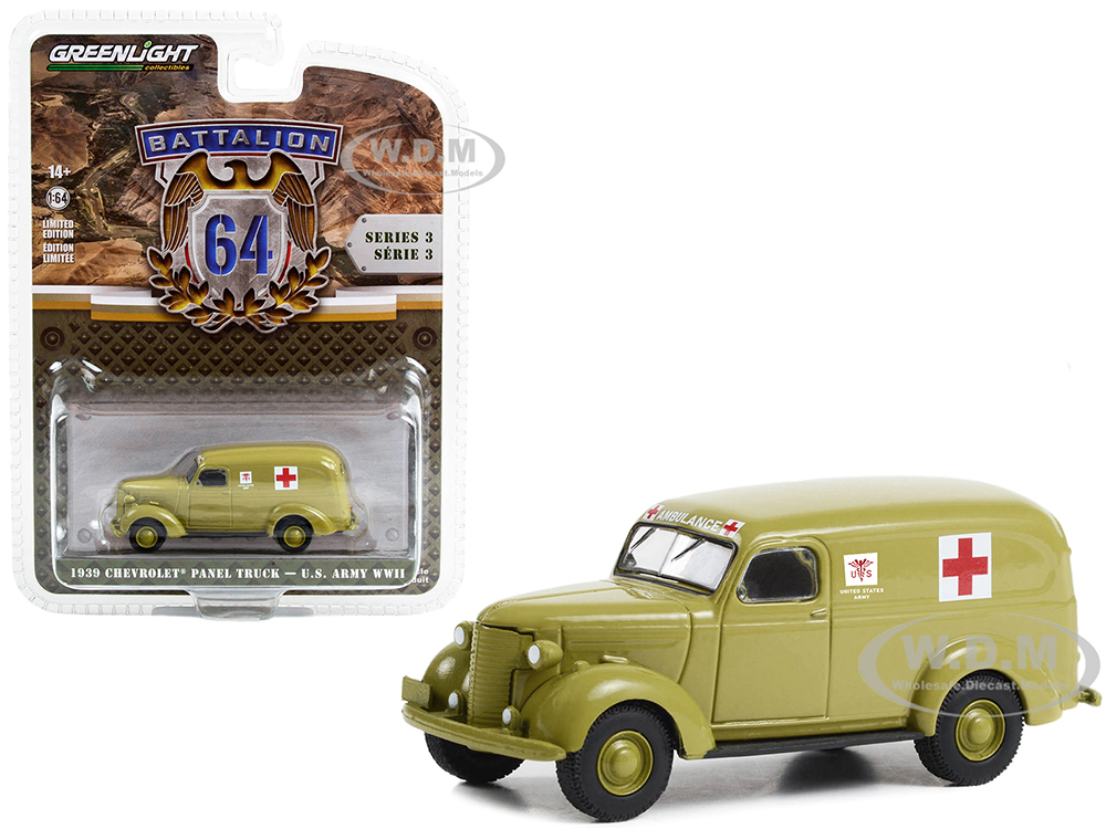 1939 Chevrolet Panel Truck Ambulance "U.S. Army World War II" Green "Battalion 64" Series 3 1/64 Diecast Model Car by Greenlight