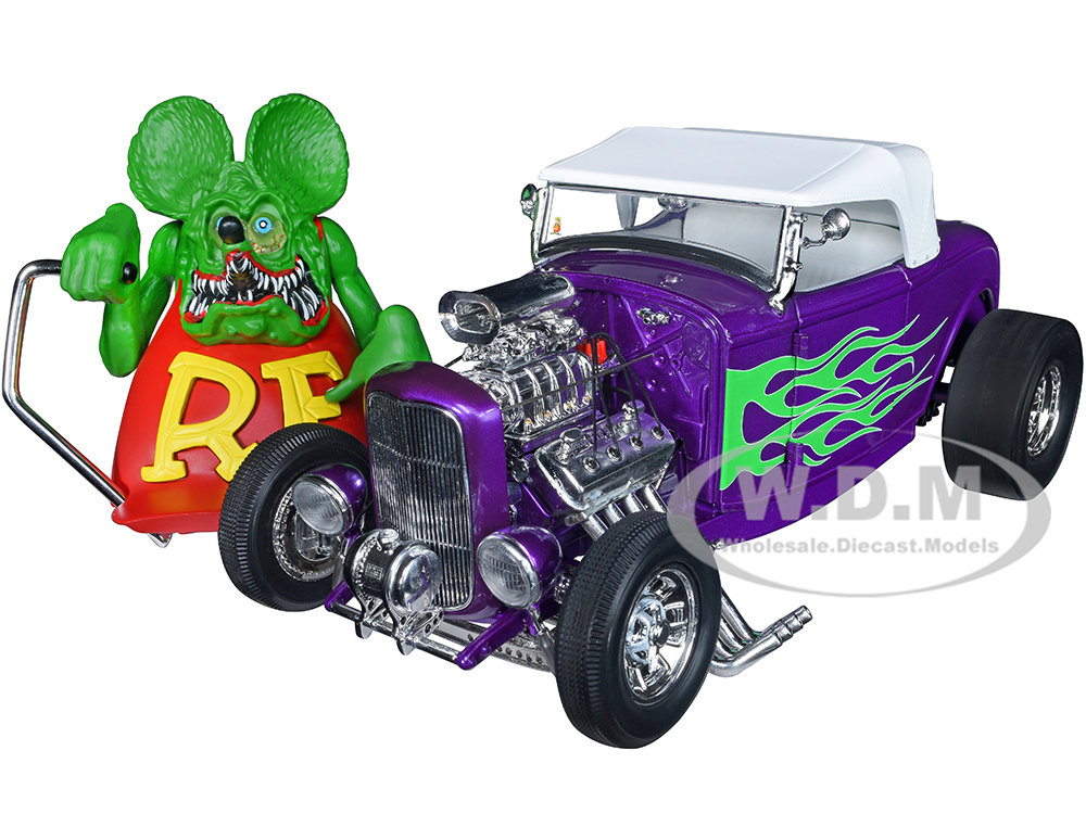 1932 Ford Hot Rod Roadster Purple with Green Flames with Rat Fink Figure Limited Edition to 1074 pieces Worldwide 1/18 Diecast Model Car by ACME
