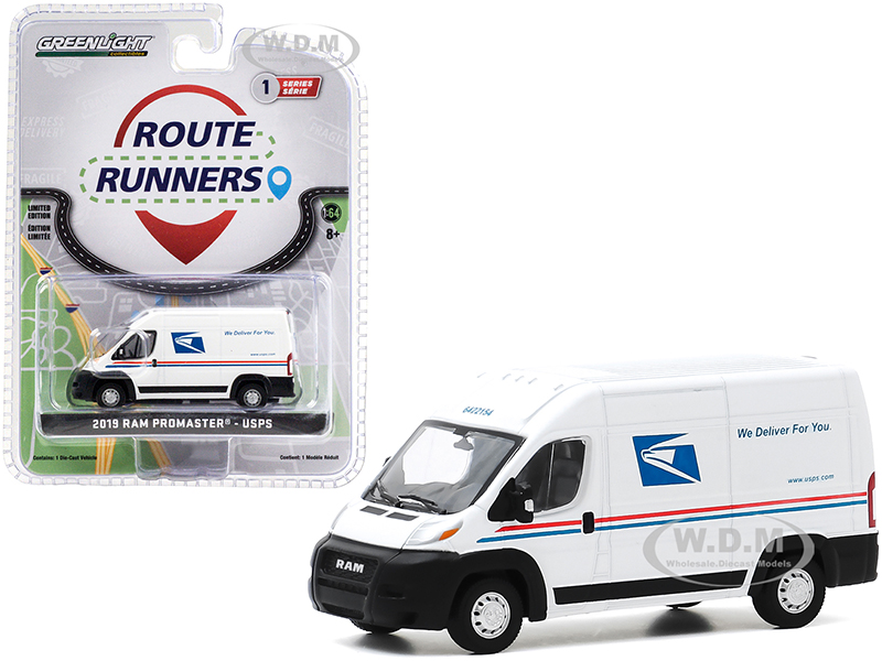 2019 RAM ProMaster 2500 Cargo High Roof Van United States Postal Service (USPS) White Route Runners Series 1 1/64 Diecast Model By Greenlight
