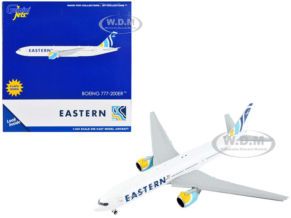 Boeing 777-200ER Commercial Aircraft with Flaps Down Eastern Air Lines White with Striped Tail 1/400 Diecast Model Airplane by GeminiJets