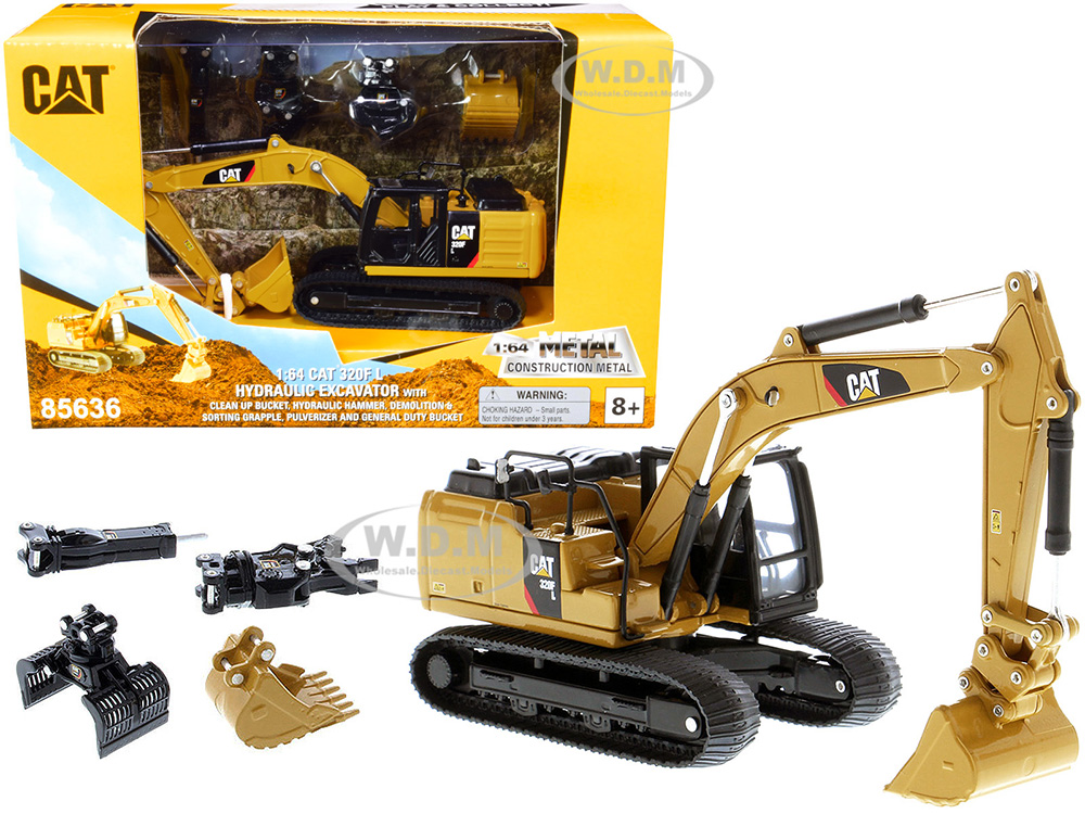 CAT Caterpillar 320F L Hydraulic Tracked Excavator with 5 Work Tools Play & Collect! 1/64 Diecast Model by Diecast Masters