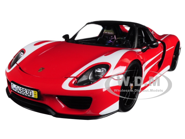 Image of 2015 Porsche Spyder 918 with Weissach Package Red with White Stripes Limited Edition to 300 pieces Worldwide 1/18 Diecast Model Car by Minichamps