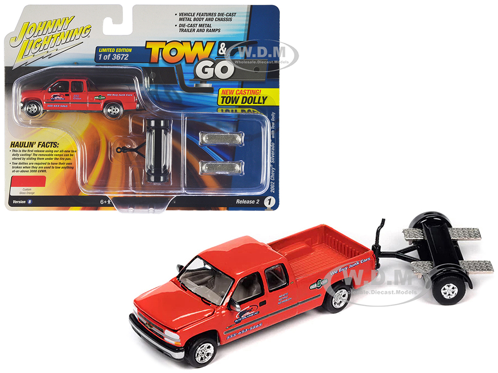 2002 Chevrolet Silverado Pickup Truck Red Auto Salvage Inc. and Tow Dolly Black Tow & Go Series Limited Edition to 3672 pieces Worldwide 1/64 Diecast Model Car by Johnny Lightning