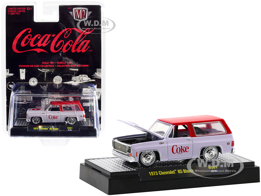 1973 Chevrolet K5 Blazer with Lowered Chassis Coca-Cola White with Coke Red Top Limited Edition to 11000 pieces Worldwide 1/64 Diecast Model Car by M2 Machines