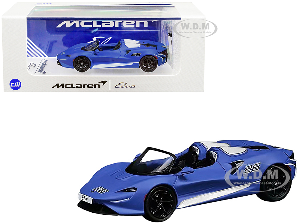 McLaren Elva Convertible 26 Matt Blue With White Stripes And Extra Wheels 1/64 Diecast Model Car By CM Models