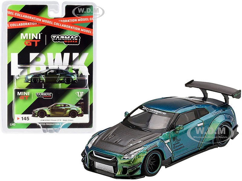 Image of Nissan GT-R (R35) Type 2 Rear Wing Version 3 LB Works Magic Green with Carbon Hood "Collaboration Model" 1/64 Diecast Model Car by Tarmac Works &amp;