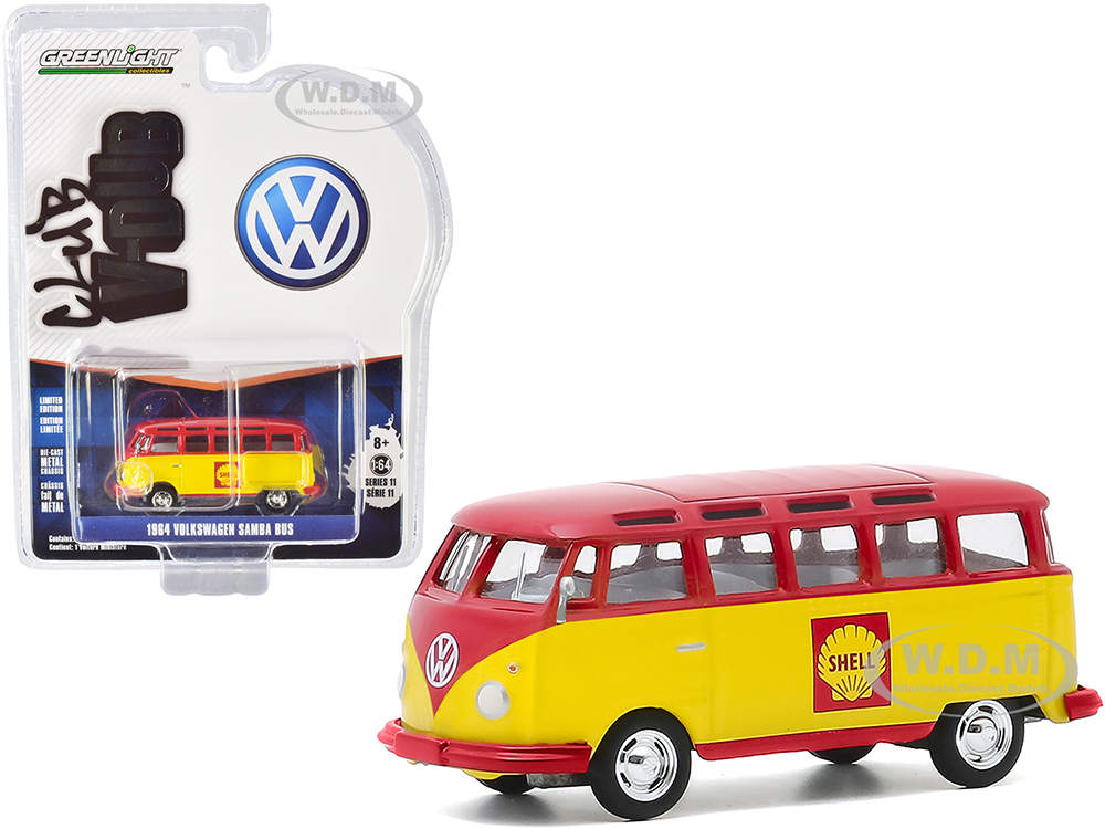 Image of 1964 Volkswagen Samba Bus "Shell Oil" Yellow and Red "Club Vee V-Dub" Series 11 1/64 Diecast Model by Greenlight