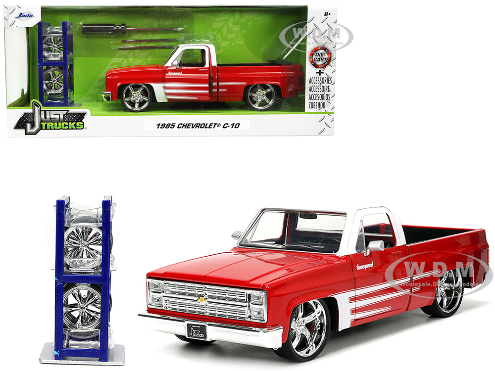 1985 Chevrolet C-10 Pickup Truck Red with White Top and Graphics with Extra Wheels 