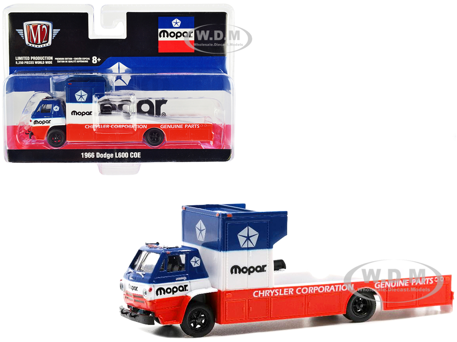 1966 Dodge L600 COE Ramp Truck Red and White with Blue Top MOPAR Limited Edition to 8250 pieces Worldwide 1/64 Diecast Model by M2 Machines