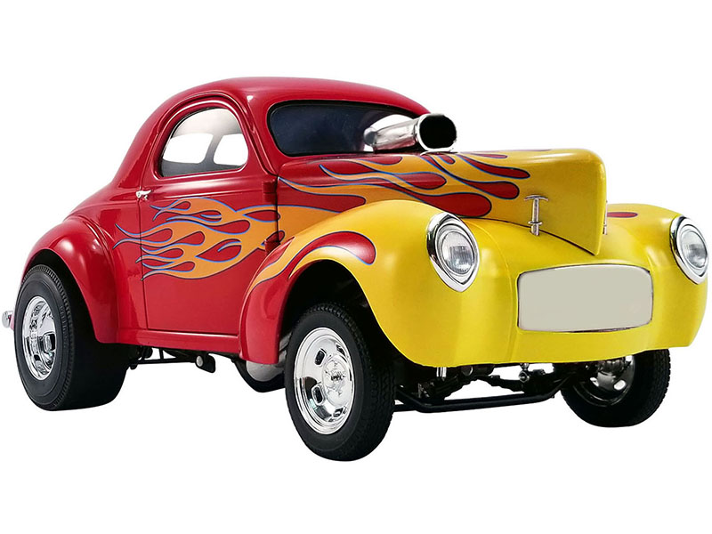 Image of 1941 Willys Gasser Red and Yellow with Flames Limited Edition to 408 pieces Worldwide 1/18 Diecast Model Car by ACME