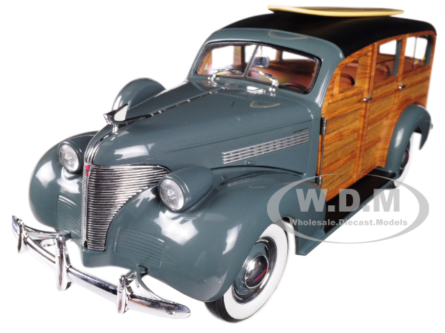 Image of 1939 Chevrolet Woody Surf Wagon Granville Gray with Surf Board and Real Wood 1/18 Diecast Model Car by Sunstar