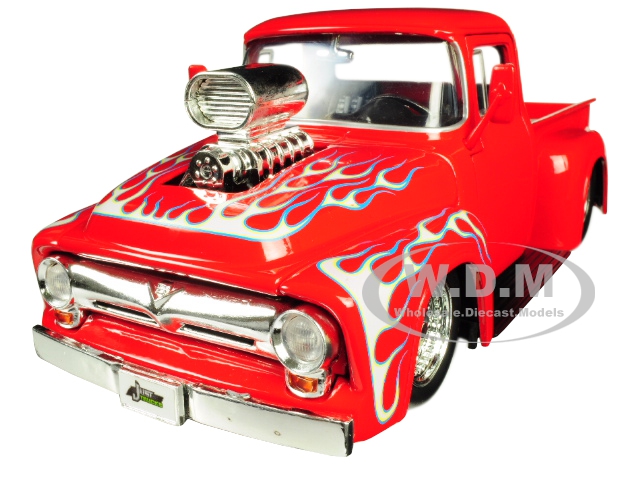 1956 Ford F-100 Pickup Truck With Blower Glossy Red With Flames "just Trucks" Series 1/24 Diecast Model Car By Jada