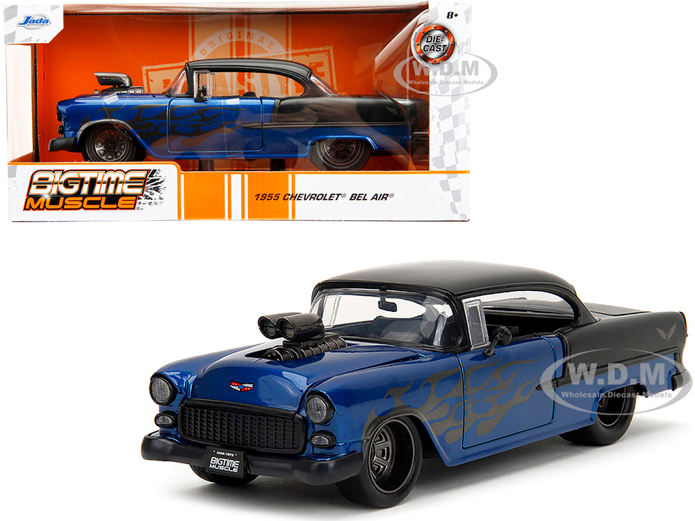 1955 Chevrolet Bel Air Blue Metallic and Black with Black Flames Bigtime Muscle Series 1/24 Diecast Model Car by Jada