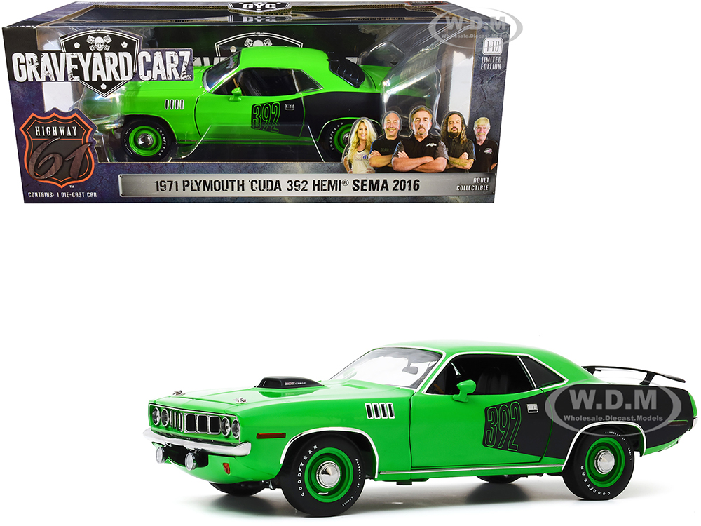 Image of 1971 Plymouth Barracuda Bright Green and Black with Custom Crate 392 HEMI Engine (2016 SEMA Show Unveil) "Graveyard Carz" (2012) TV Series 1/18 Dieca