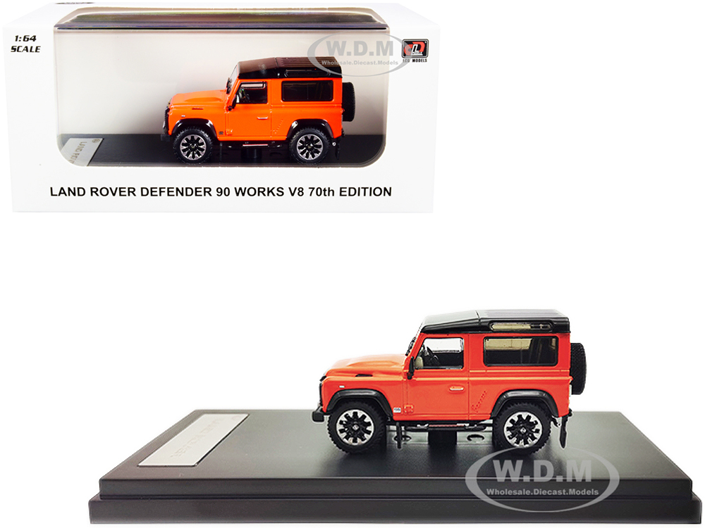 Land Rover Defender 90 Works V8 Bright Orange with Black Top "70th Edition" 1/64 Diecast Model Car by LCD Models