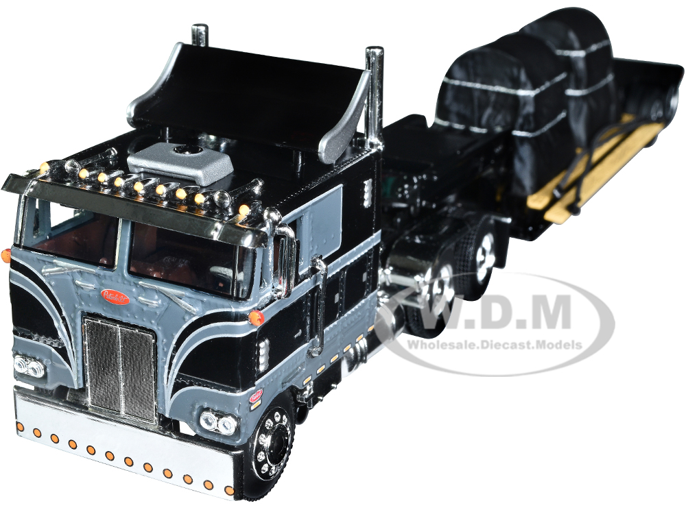 Peterbilt 352 COE 110 Sleeper with Turbo Wing and Rogers Vintage Lowboy Trailer with Coil Load Black and Gray 1/64 Diecast Model by DCP/First Gear