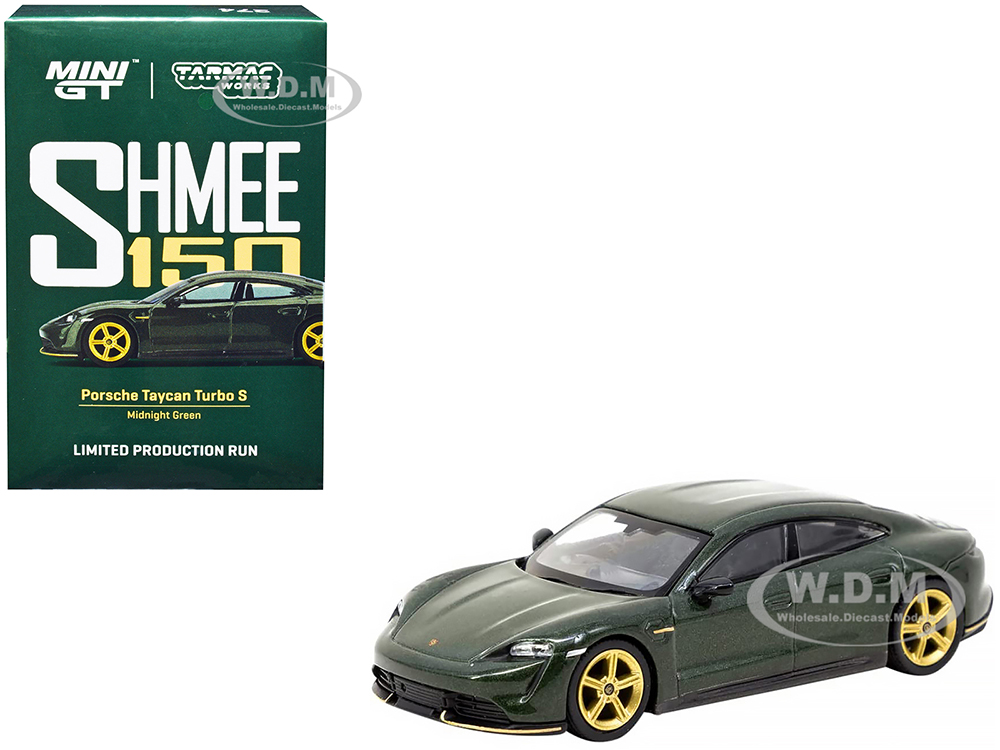 Porsche Taycan Turbo S Midnight Green Metallic with Black Top and Gold Wheels Shmee150 Collection Collaboration Model 1/64 Diecast Model Car by True Scale Miniatures & Tarmac Works