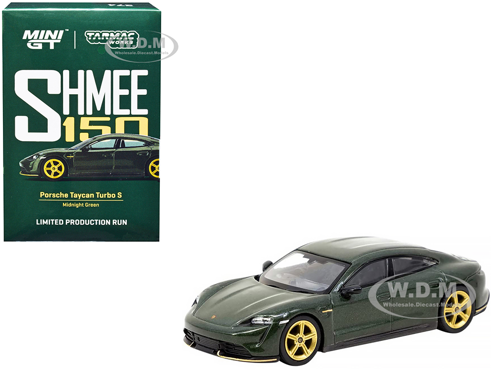 Porsche Taycan Turbo S Midnight Green Metallic with Black Top and Gold Wheels 
