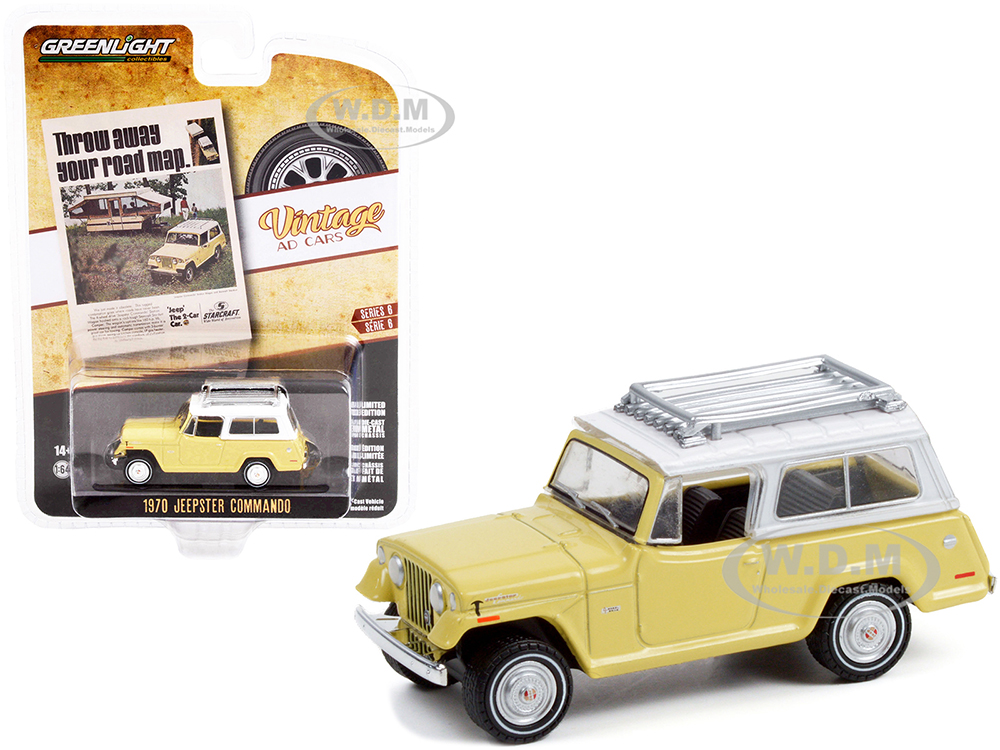 1970 Jeep Jeepster Commando with Roof Rack Yellow with White Top "Throw Away Your Road Map" "Vintage Ad Cars" Series 6 1/64 Diecast Model Car by Gree
