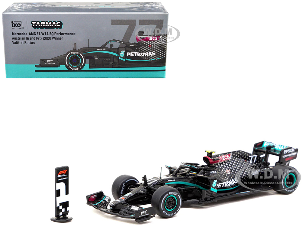 Mercedes-AMG F1 W11 EQ Performance #77 Valtteri Bottas Winner Formula One F1 Austrian GP (2020) with Number Board Global64 Series 1/64 Diecast Model Car by Tarmac Works