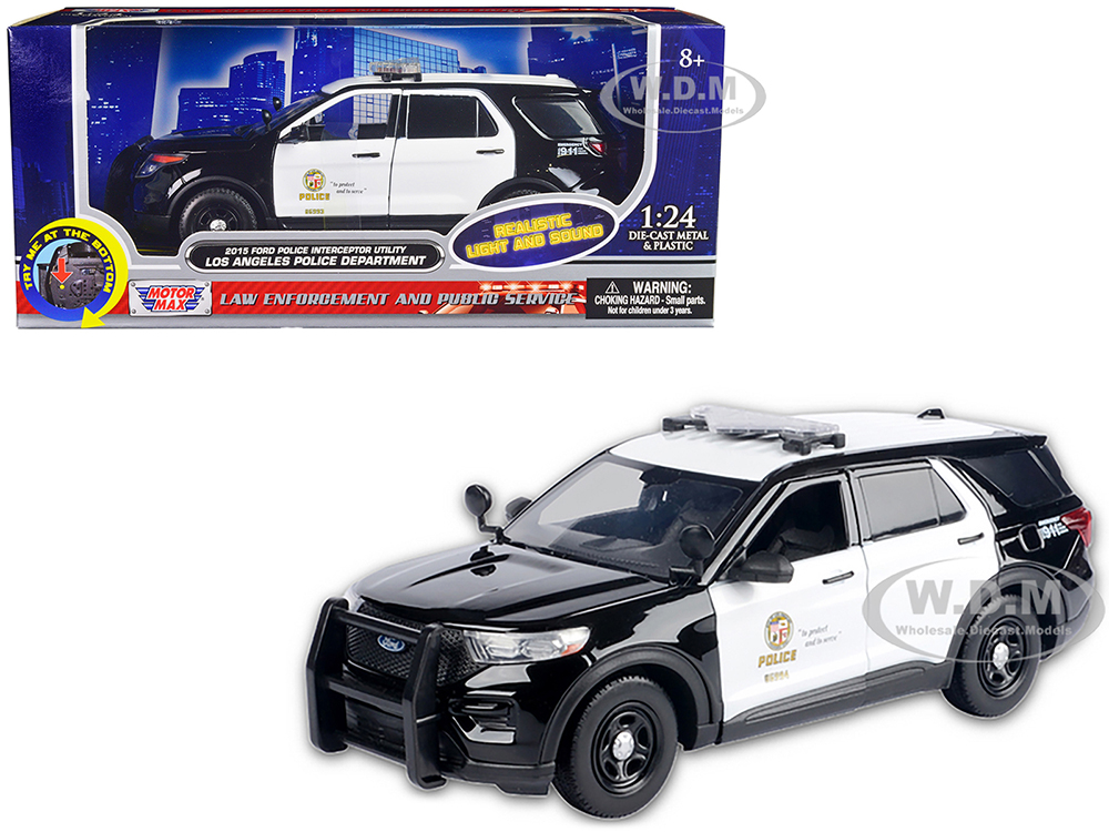2015 Ford Police Interceptor Utility Black and White Los Angeles Police Department (LAPD) with Flashing Light Bar and Front and Rear Lights and Sounds 1/24 Diecast Model Car by Motormax