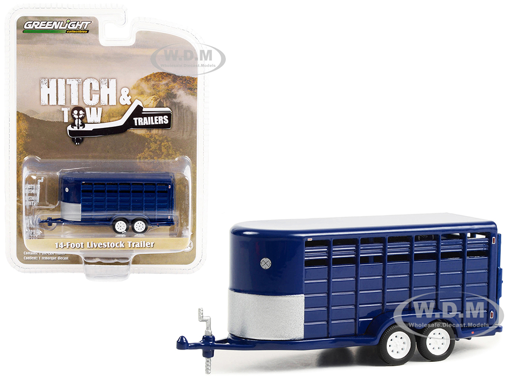 14-Foot Livestock Trailer Dark Blue "Hitch &amp; Tow Trailers" Series 1/64 Diecast Model by Greenlight