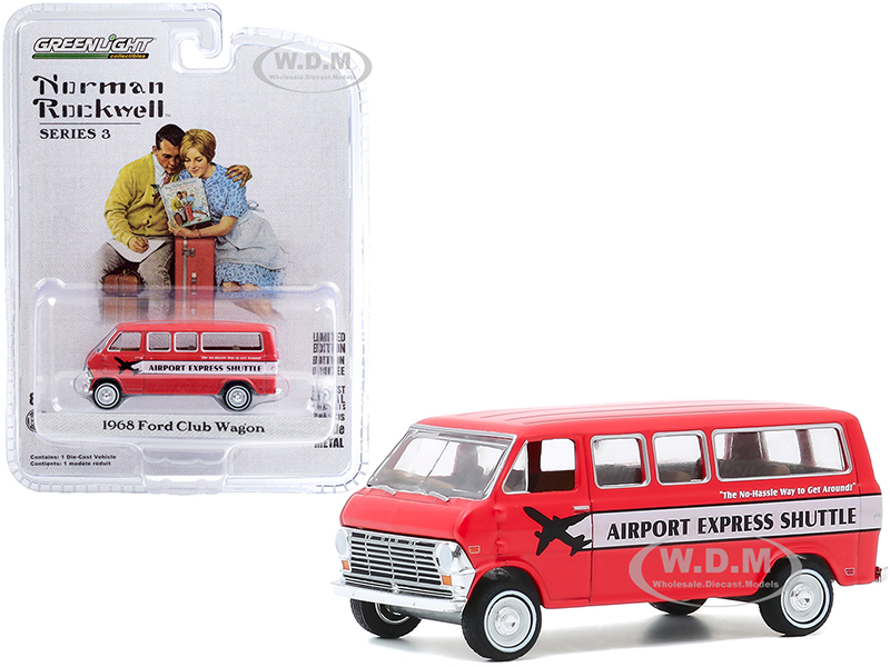 1968 Ford Club Wagon Airport Express Shuttle Red with White Stripe Norman Rockwell Series 3 1/64 Diecast Model Car by Greenlight