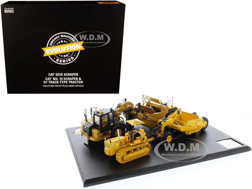 CAT Caterpillar 621K Tractor Scraper and CAT Caterpillar D7 Track-Type Tractor with No. 70 Scraper Set Evolution Series 1/50 Diecast Models by Diecast Masters