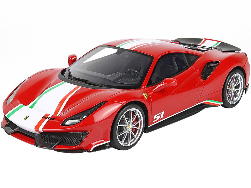 Image of Ferrari 488 Pista Piloti Rosso Corsa 322 Red with White Green and Red Stripes with DISPLAY CASE Limited Edition to 232 pieces Worldwide 1/18 Model Ca