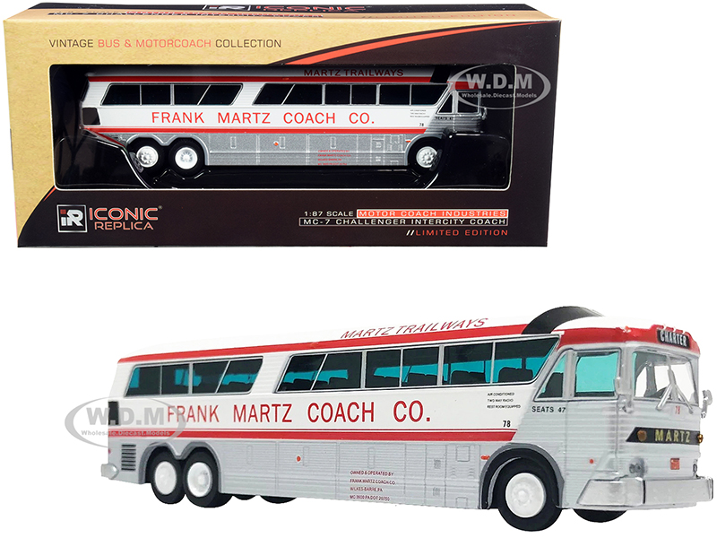 1970 MCI MC-7 Challenger Intercity Motorcoach Bus "Charter" "Frank Martz Coach Co." White and Silver with Red Stripes "Vintage Bus &amp; Motorcoach C