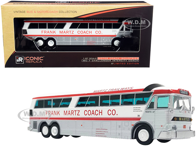 Image of 1970 MCI MC-7 Challenger Intercity Motorcoach Bus "Charter" "Frank Martz Coach Co." White and Silver with Red Stripes "Vintage Bus &amp; Motorcoach C