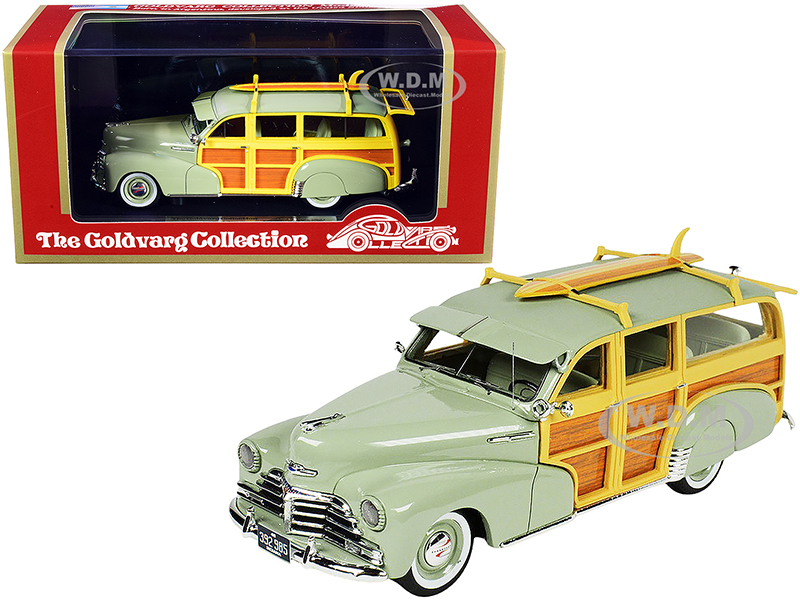 1948 Chevrolet Fleetmaster Woodie Station Wagon with Surfboard Satin Green Limited Edition to 325 pieces Worldwide 1/43 Model Car by Goldvarg Collect