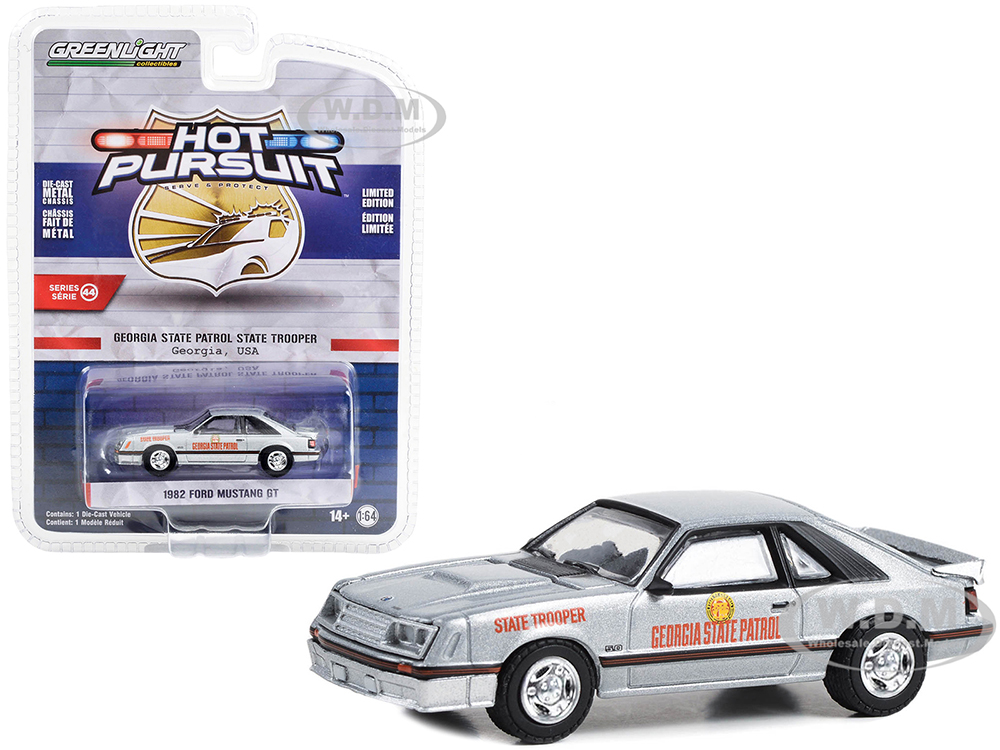 1982 Ford Mustang GT Silver Metallic "Georgia State Patrol State Trooper" "Hot Pursuit" Series 44 1/64 Diecast Model Car by Greenlight