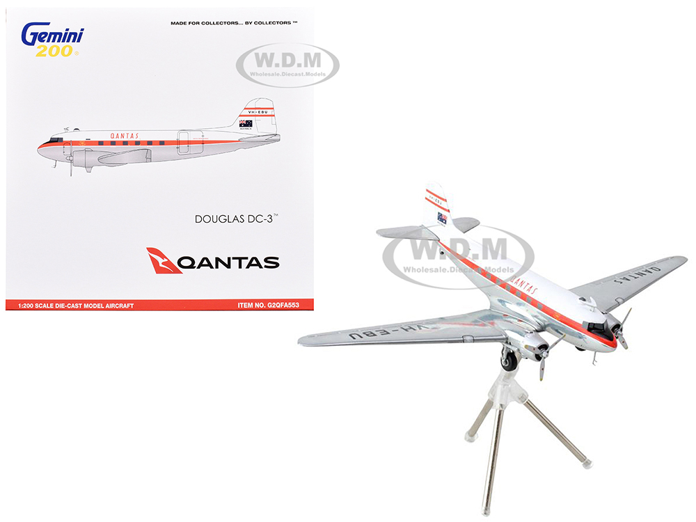 Douglas DC-3 Commercial Aircraft Qantas Airways (VH-EBU) White with Red Stripes Gemini 200 Series 1/200 Diecast Model Airplane by GeminiJets