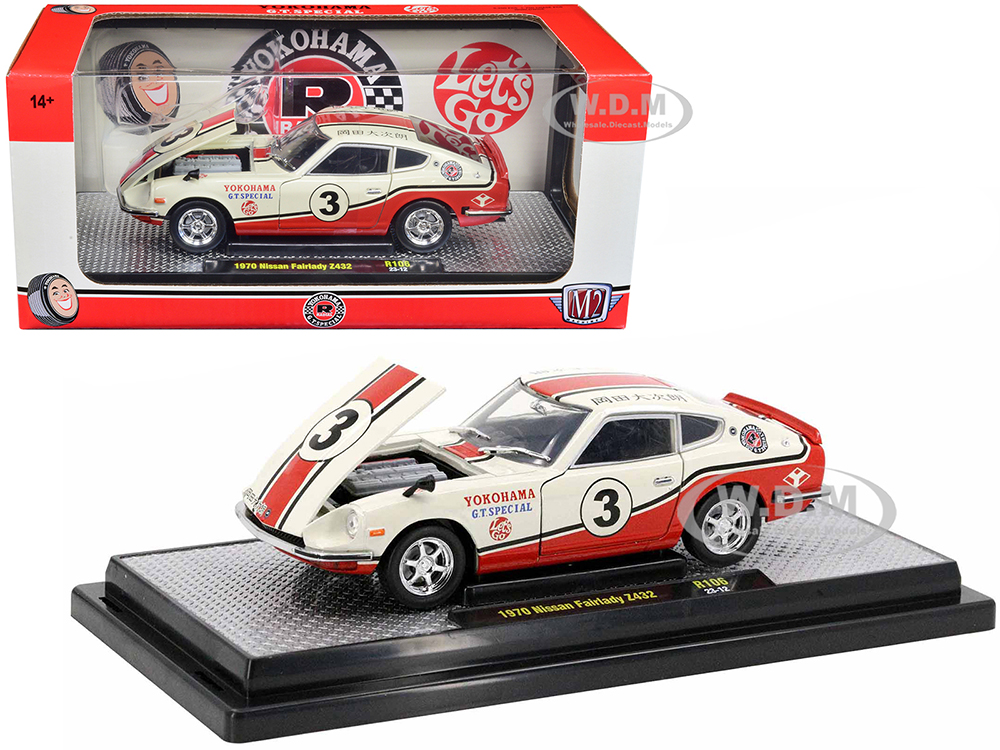 1970 Nissan Fairlady Z 432 RHD (Right Hand Drive) #3 Wimbledon White with Red and Black Stripes Yokohama GT Special Limited Edition to 5250 pieces Worldwide 1/24 Diecast Model Car by M2 Machines
