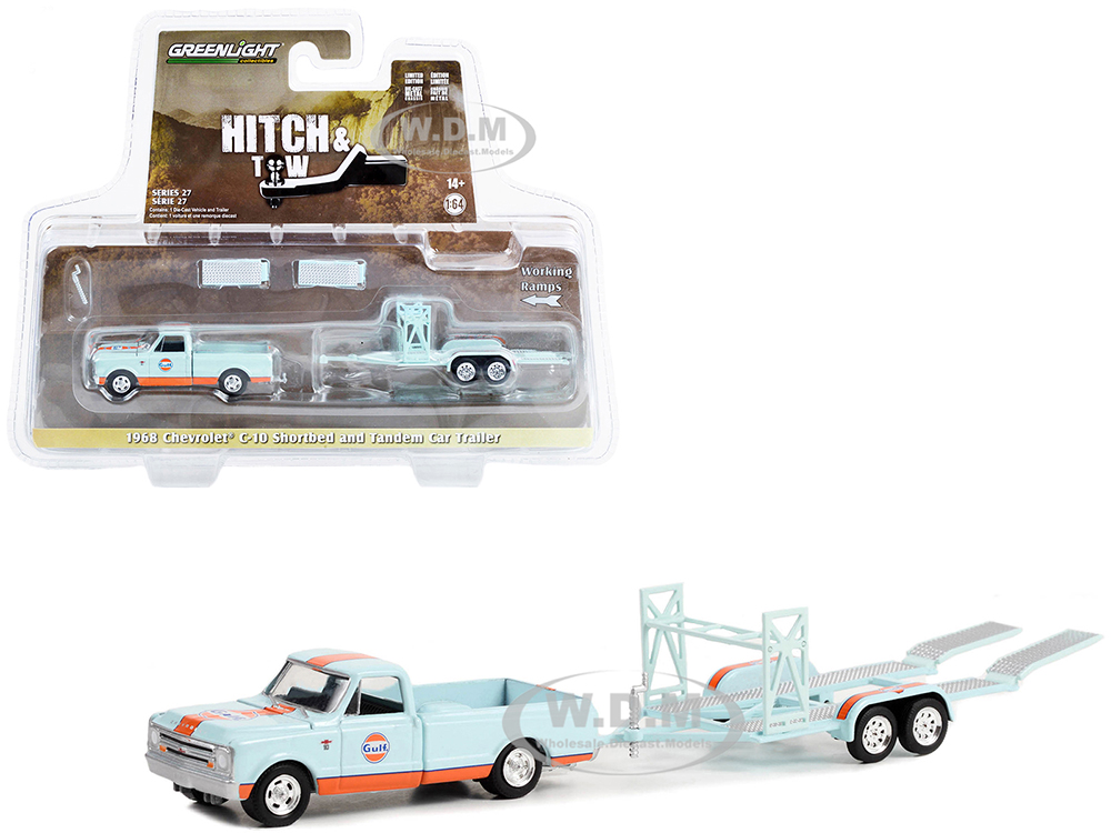 1968 Chevrolet C-10 Shortbed Pickup Truck Light Blue and Orange and Tandem Car Trailer "Gulf Oil" "Hitch &amp; Tow" Series 27 1/64 Diecast Model Car