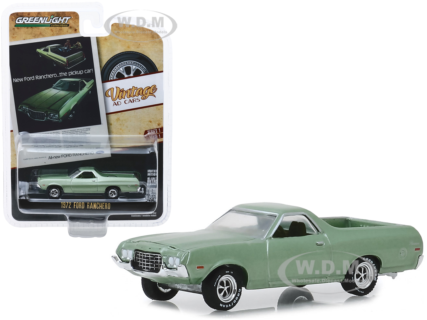 1972 Ford Ranchero Light Green "New Ford RancheroThe Pickup Car" "Vintage Ad Cars" Series 1 1/64 Diecast Model Car by Greenlight
