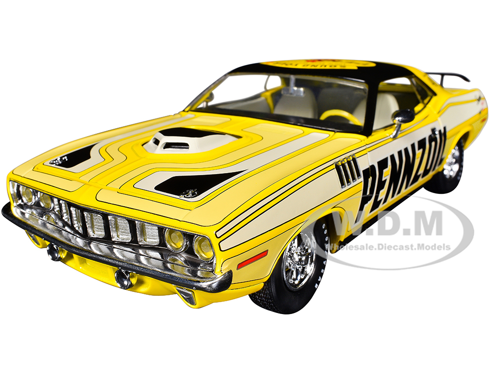 1971 Plymouth Barracuda 440 Yellow with Gray Stripes and Black Top Pennzoil Limited Edition to 6250 pieces Worldwide 1/24 Diecast Model Car by M2 Machines