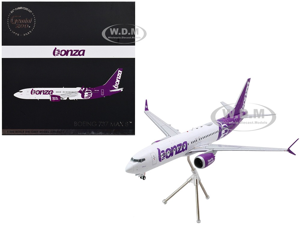 Boeing 737 MAX 8 Commercial Aircraft Bonza Aviation (VH-UJK) White with Purple Tail Gemini 200 Series 1/200 Diecast Model Airplane by GeminiJets