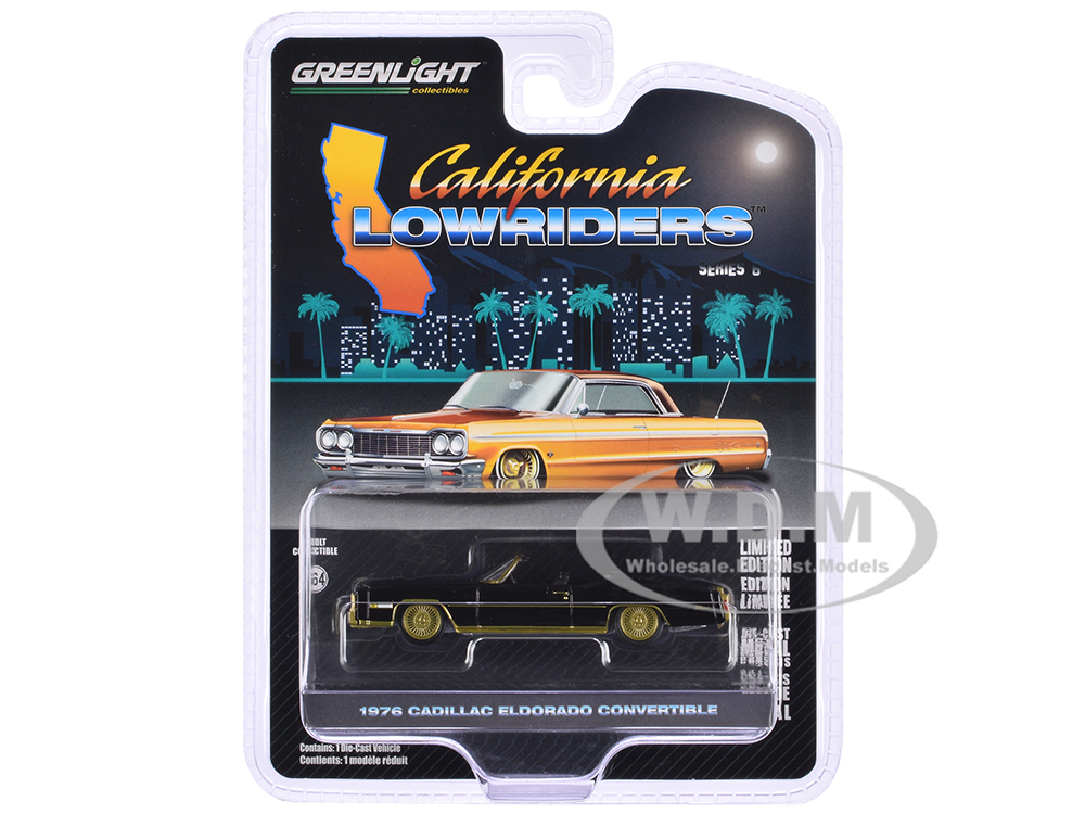 1976 Cadillac Eldorado Convertible Black and Gold "California Lowriders" Series 6 1/64 Diecast Model Car by Greenlight