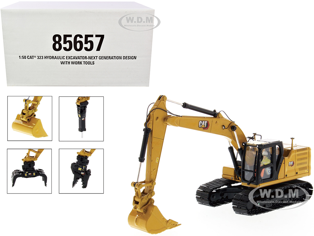 Cat Caterpillar 323 Hydraulic Excavator Next Generation Design with Operator and 4 Work Tools "High Line Series" 1/50 Diecast Model by Diecast Master