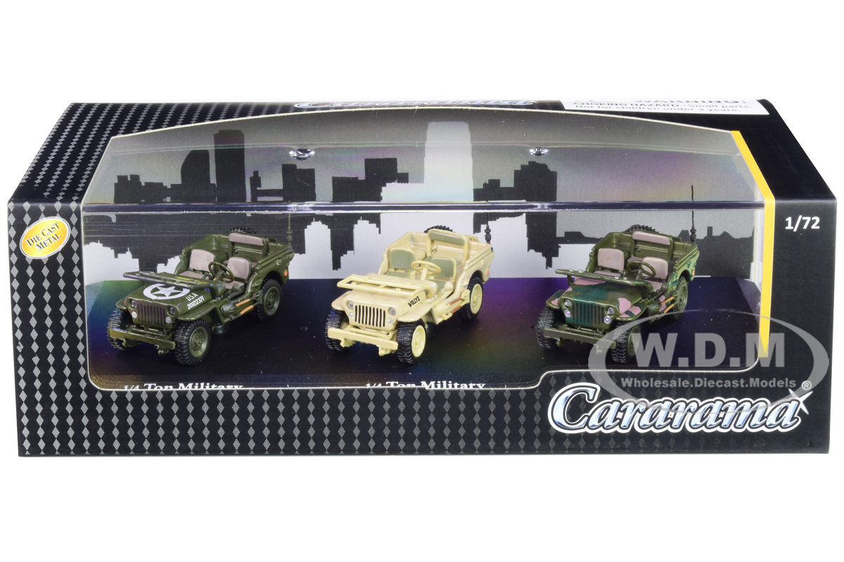 1/4 Ton Military Vehicles Set of 3 pieces in Display Showcase 1/72 Diecast Model Cars by Cararama